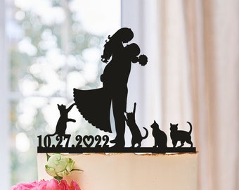 Wedding Cake Topper Silhouette Couple,Cats Cake Topper,Wedding Cats Cake Topper,Bride and Groom with Cats Topper,Cake Topper with Cats (216)