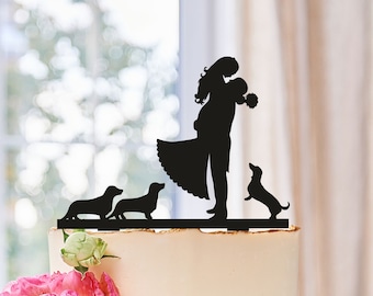 Bride and Groom Silhouette,Wedding cake toppers with dogs,Mr and Mrs cake topper with dogs,Silhouette cake topper,Wedding cake topper (0108)