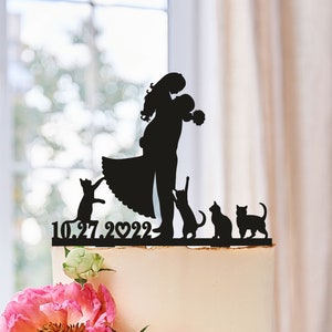 Wedding Cake Topper Silhouette Couple,Cats Cake Topper,Wedding Cats Cake Topper,Bride and Groom with Cats Topper,Cake Topper with Cats 0216 image 1