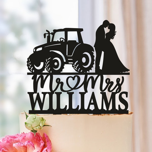 Tractor wedding cake topper, Farmer Wedding cake topper, Country Wedding Cake Topper, Bride dragging groom farming cake topper (0632)