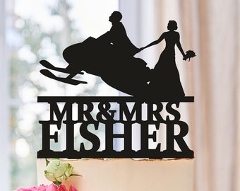Wedding Cake Topper, Snowmobile Cake Topper,  Bride and Groom Silhouette Wedding Cake Topper with surname, Funny cake toppers (0407)
