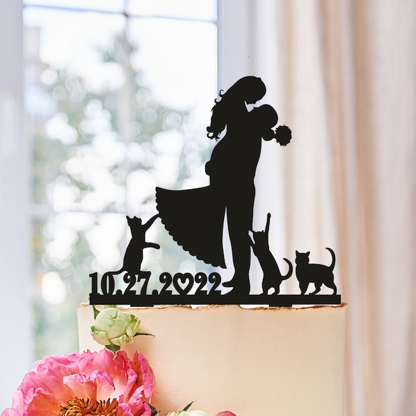 Wedding cake topper with cat,Bride and groom with cats,Wedding cake topper with date,Cake Topper for Wedding with cat,Cat Cake Topper (0332)