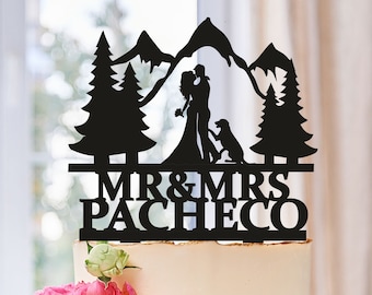 Mountain wedding cake topper,Bride and Groom, Cat Cake Topper,Custom Mountain Cake Topper,Personalized Cake Topper,Tree Cake Topper (0297)