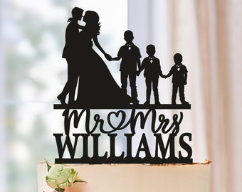 Family Cake Topper with kids, Family Wedding Cake Toppers, Cake Topper with boys, Mr And Mrs Cake Topper With Children, Topper with sons 624