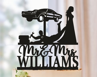 Car Mechanic Wedding Cake Topper, Auto Mechanic Cake Topper, Custom Cake Topper, Car Fixer Wedding Cake Topper, Topper With Wrench Tool 0636