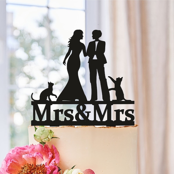 Lesbian wedding cake topper with two cats, wedding cake topper lesbian with pets,Lesbian+cats,cats,Cake topper with lesbian silhouette 0186