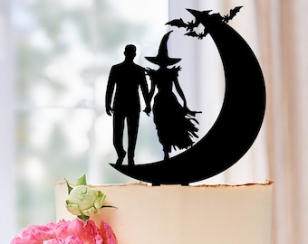 Moon Cake Topper, Halloween Wedding Cake Topper, Custom cake Topper, Halloween decor, Funny Halloween Cake Topper, Bat Cake Topper  644