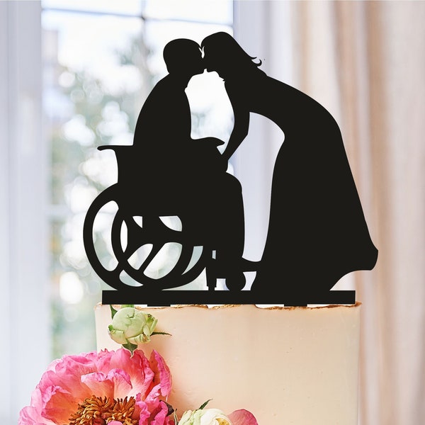 Décoration de gâteau de mariage en fauteuil roulant, marié en fauteuil roulant, silhouette de gâteau de mariage, décoration de gâteau de la mariée, mariage en fauteuil roulant (0195)