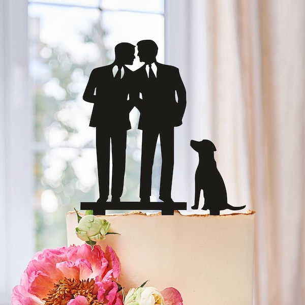 Gay Cake Topper + DOG, Same Sex Cake Topper, Gay Wedding Cake Topper,Gay silhouette,Homosexual,Wedding Cake Topper For Men, mr and mr (0065)