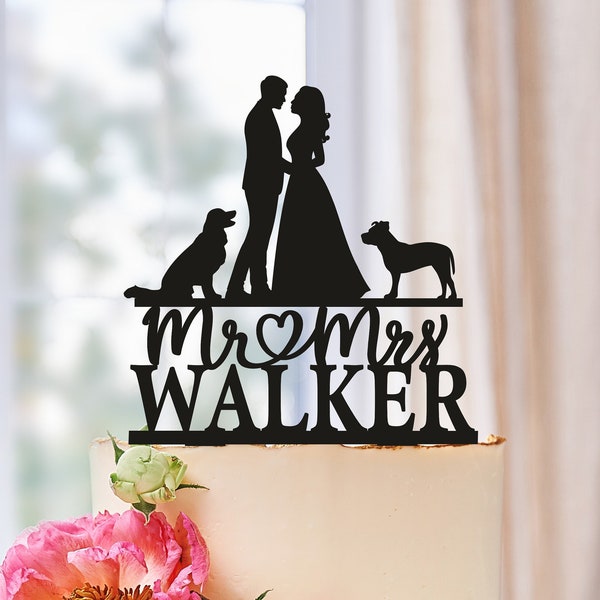 Сake toppers for wedding, Wedding cake topper with dog,Dog silhouette cake topper, Bride and Groom with dogs, Dogs Couple Cake Topper 0558