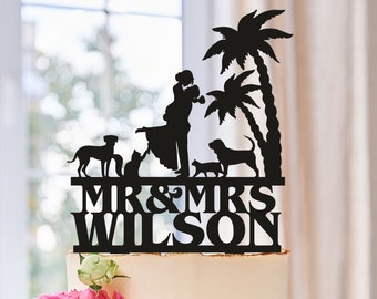 Mr & Mrs Cake Topper With a Cat Dog,Beach Cake Topper,Cake topper with dog,Palm Tree Topper,Cat wedding cake topper,Cat cake topper (0417)