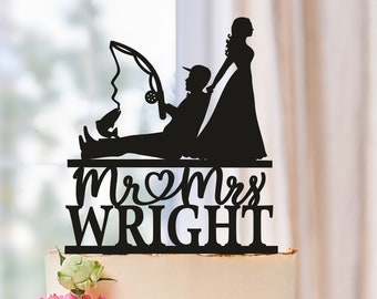 Fishing Wedding Cake Topper, Fishing Poles With Date, Fisherman Topper, Bride Pulling Groom,Bride Dragging Groom,Groom with fishing rod 0571