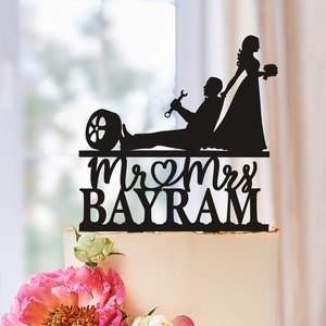 Adorno para tarta de bodas con diseño de mecánico de automóviles, adorno para tarta de bodas con diseño de mecánico de automóviles, adorno para tarta con diseño de novia arrastrando al novio (0621)