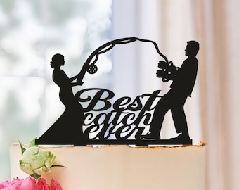 Best Catch Ever Cake Topper, Groom Pulling Bride Wedding Cake Topper, Groom Dragging Bride Topper, Fishing Cake Topper,Funny Cake Topper 678