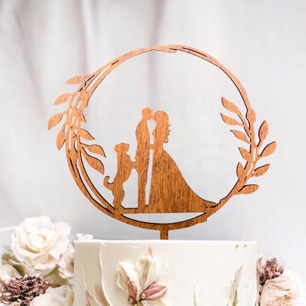 Boho Blumen Hochzeitstorte mit Katze, Kranz Holz Cake Topper mit Katze, Hochzeitstorte, Katzen Thema Hochzeit, Cake Topper mit Haustieren