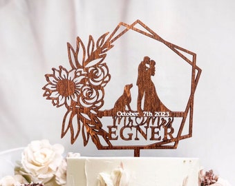 Wreath Wood Cake Topper with Cat, Wedding cake topper, Cake Topper with Pets, wedding floral foliage, rustic natural decoration, Cake topper