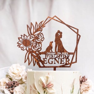 Decorazione per torta in legno con ghirlanda e gatto, decorazione per torta nuziale, decorazione per torta con animali domestici, fogliame floreale per matrimonio, decorazione naturale rustica, decorazione per torta