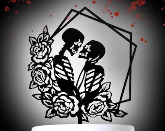 Schedel bruidstaart topper, bloemen frame bruiloft topper, Halloween bruiloft decor, topper voor Halloween bruiloft, Hallowedding cake toppers 030