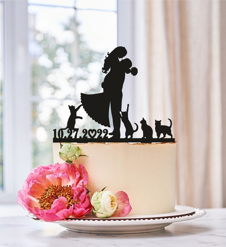 Wedding Cake Topper Silhouette Couple,Cats Cake Topper,Wedding Cats Cake Topper,Bride and Groom with Cats Topper,Cake Topper with Cats 0216 image 1