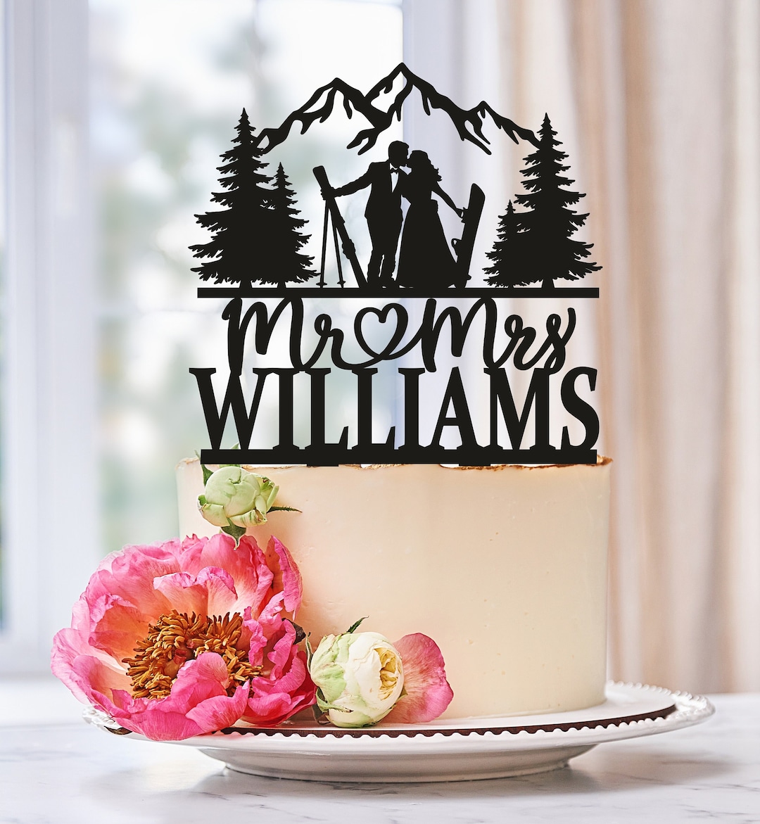 Skiing Silhouette Cake Topper - Blue Glitter Winter Sport Decor For Birthday Cakes, Ski & Snowboard Party