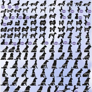 Peut inclure: Une image en noir et blanc de 255 silhouettes d'animaux de compagnie diff&eacute;rentes, num&eacute;rot&eacute;es de 101 &agrave; 255. L'image est intitul&eacute;e "PETS" et a un fond bleu clair.