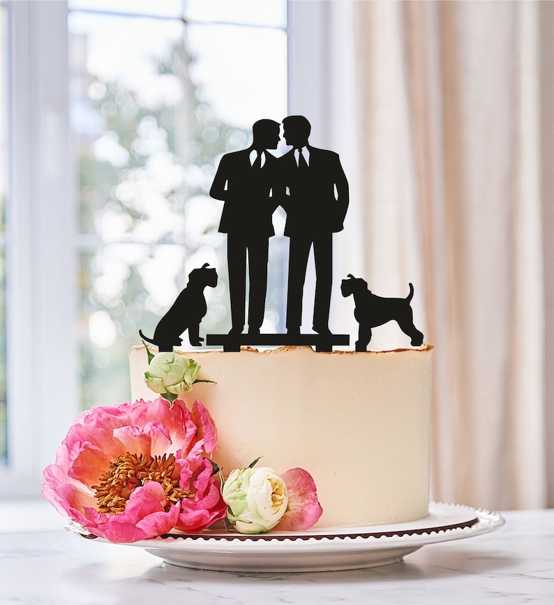 Gay Wedding Cake Topper wiht Two DOG,Same Sex Cake Topper,Gay Cake Topper,Gay silhouette Homosexual Wedding Cake Topper For Men Gift 0062 image 1