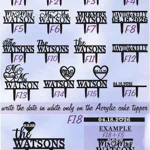 May include: A set of 19 different cake topper designs featuring various fonts and styles. The toppers are black and feature text such as "Mr & Mrs Watson", "The Watsons", and "David & Kelly".