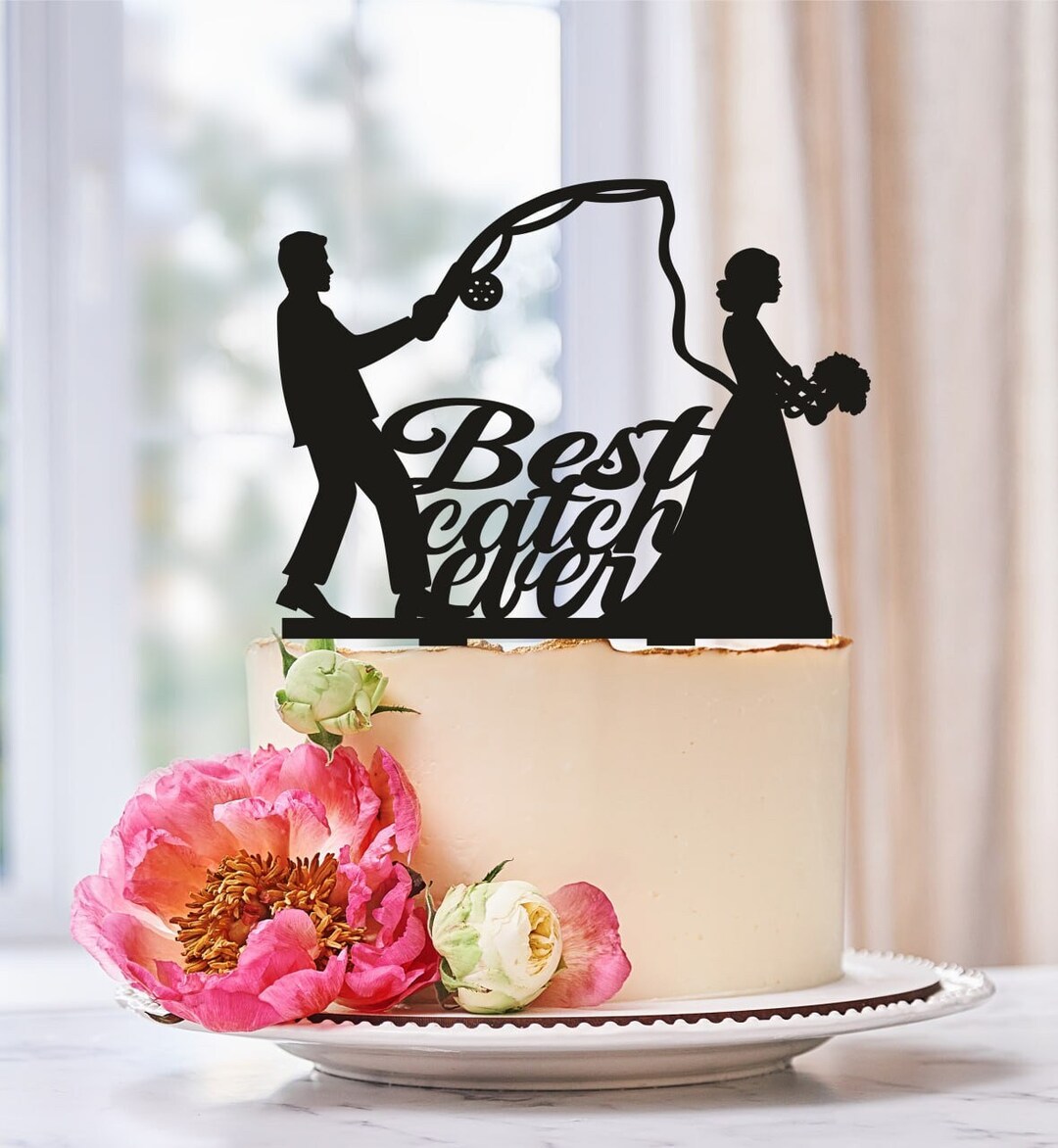 Best Catch Ever Cake Topper, Groom Pulling Bride Wedding Cake Topper ...