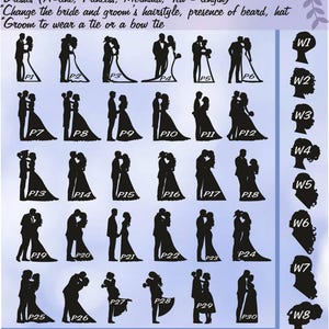 Peut inclure: Un tableau avec 30 images de silhouettes diff&eacute;rentes de couples, &eacute;tiquet&eacute;es de P1 &agrave; P30. Le tableau comprend &eacute;galement 8 images de silhouettes diff&eacute;rentes de coiffures, &eacute;tiquet&eacute;es de W1 &agrave; W8. Le tableau comprend &eacute;galement 7 images de silhouettes diff&eacute;rentes de coiffures, &eacute;tiquet&eacute;es de M1 &agrave; M7. Le texte "Choisissez une paire" et "Choisissez une coiffure" est inclus sur le tableau.