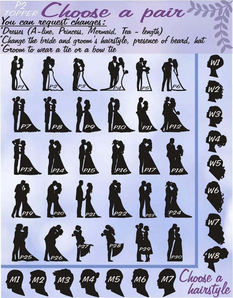 Peut inclure: Un tableau avec 30 images de silhouettes diff&eacute;rentes de couples, &eacute;tiquet&eacute;es de P1 &agrave; P30. Le tableau comprend &eacute;galement 8 images de silhouettes diff&eacute;rentes de coiffures, &eacute;tiquet&eacute;es de W1 &agrave; W8. Le tableau comprend &eacute;galement 7 images de silhouettes diff&eacute;rentes de coiffures, &eacute;tiquet&eacute;es de M1 &agrave; M7. Le texte "Choisissez une paire" et "Choisissez une coiffure" est inclus sur le tableau.