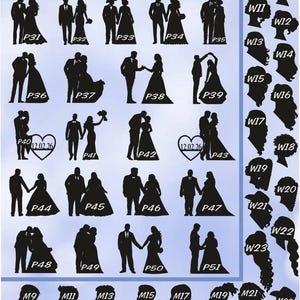 Peut inclure: Une feuille d'images de silhouettes noires de couples, &eacute;tiquet&eacute;es avec les num&eacute;ros P31 &agrave; P51, et des t&ecirc;tes individuelles &eacute;tiquet&eacute;es avec les num&eacute;ros W9 &agrave; W23 et M8 &agrave; M23. Le texte "Choose a pair" est en haut de la feuille.