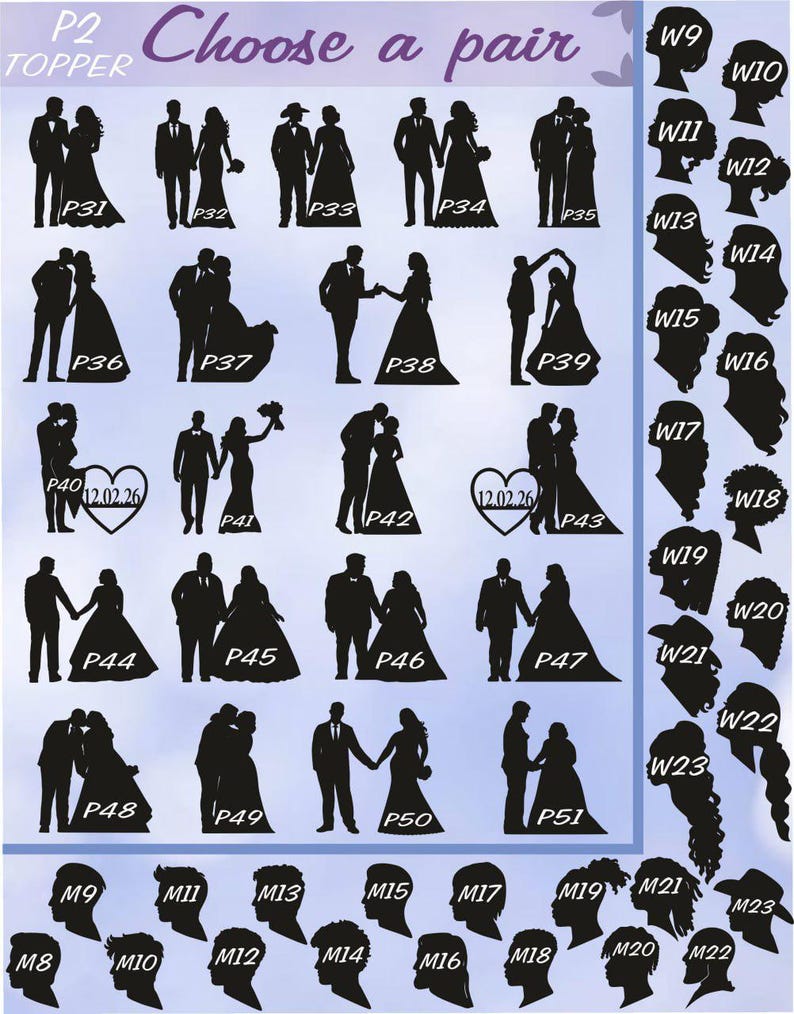 Peut inclure: Une feuille d'images de silhouettes noires de couples, &eacute;tiquet&eacute;es avec les num&eacute;ros P31 &agrave; P51, et des t&ecirc;tes individuelles &eacute;tiquet&eacute;es avec les num&eacute;ros W9 &agrave; W23 et M8 &agrave; M23. Le texte "Choose a pair" est en haut de la feuille.