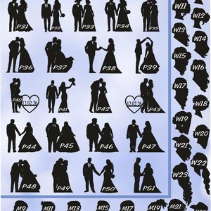 May include: A sheet of black silhouette images of couples, labeled with numbers P31 through P51, and individual heads labeled with numbers W9 through W23 and M8 through M23. The text "Choose a pair" is at the top of the sheet.