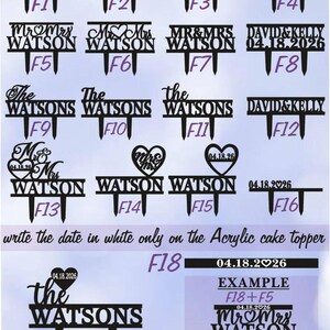 Peut inclure: Un ensemble de 19 designs diff&eacute;rents de toppers de g&acirc;teau de mariage mettant en vedette le mot "Watson" dans diverses polices et styles. Les toppers sont noirs et comprennent une vari&eacute;t&eacute; de designs, y compris des c&oelig;urs, des dates et les mots "Mr. & Mrs.", "The Watsons" et "David & Kelly".