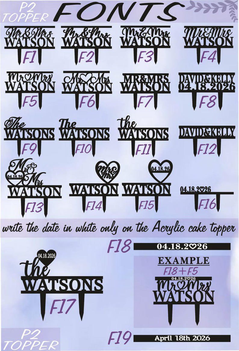 Peut inclure: Un ensemble de 19 designs diff&eacute;rents de toppers de g&acirc;teau de mariage mettant en vedette le mot "Watson" dans diverses polices et styles. Les toppers sont noirs et comprennent une vari&eacute;t&eacute; de designs, y compris des c&oelig;urs, des dates et les mots "Mr. & Mrs.", "The Watsons" et "David & Kelly".