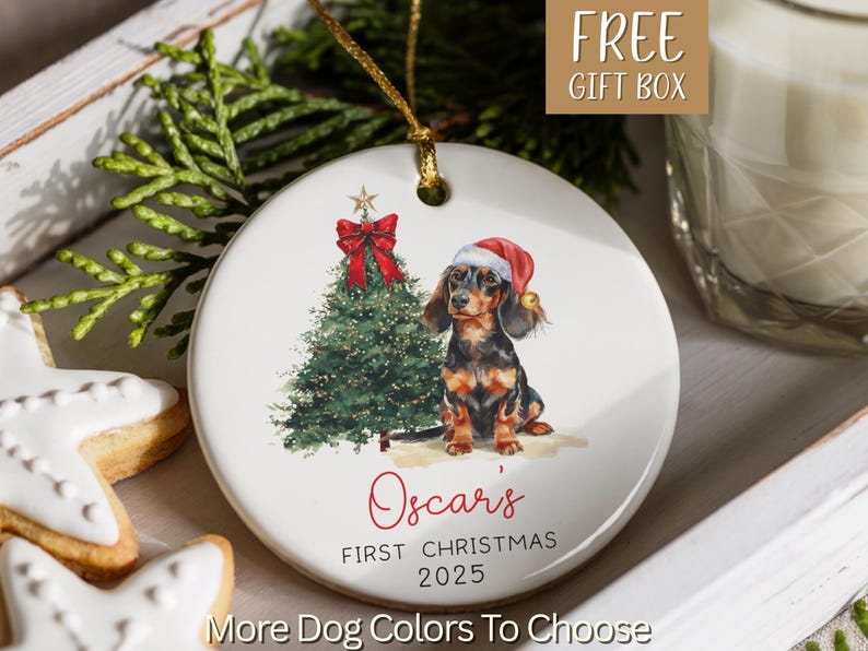 Personalized Dachshund Ornament, Daschund Christmas Ornament, Puppy Dog First Christmas, New Puppy Owner Gift For Doxie Mom Keepsake immagine 1