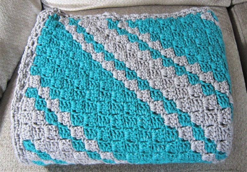 NEW TURQUOISEnGRAY GLITTER Diagonal Crocheted Sofa Afghan; Dark-Deep Turquoise Green Sofa Throw; Gift for Dad; Gift for Grandpa; Lap Throw