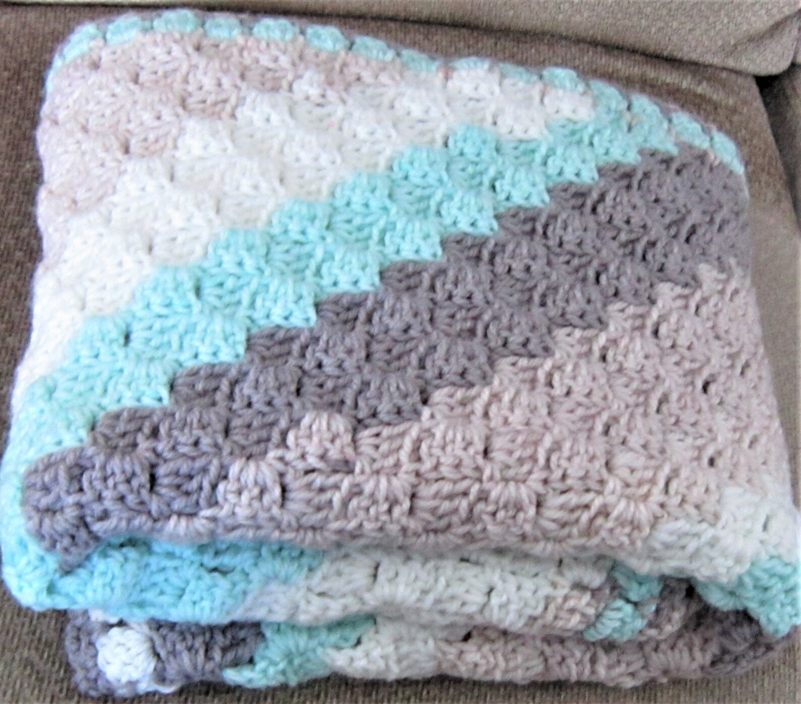 CARON BABY Cakes Crochet Blanket Taupe Tan Aqua and White Etsy