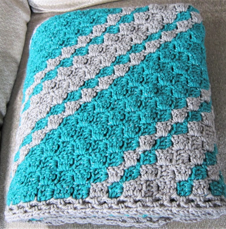 NEW TURQUOISEnGRAY GLITTER Diagonal Crocheted Sofa Afghan; Dark-Deep Turquoise Green Sofa Throw; Gift for Dad; Gift for Grandpa; Lap Throw