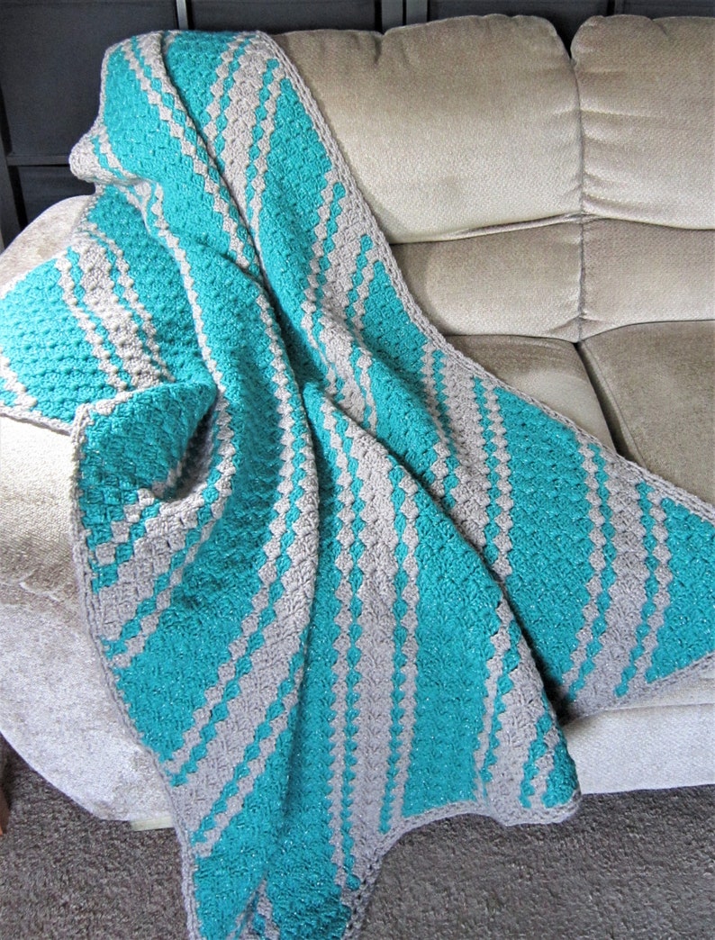 NEW TURQUOISEnGRAY GLITTER Diagonal Crocheted Sofa Afghan; Dark-Deep Turquoise Green Sofa Throw; Gift for Dad; Gift for Grandpa; Lap Throw