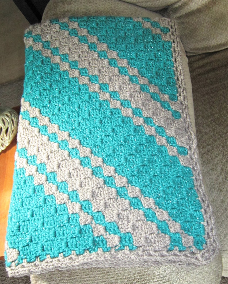 NEW TURQUOISEnGRAY GLITTER Diagonal Crocheted Sofa Afghan; Dark-Deep Turquoise Green Sofa Throw; Gift for Dad; Gift for Grandpa; Lap Throw