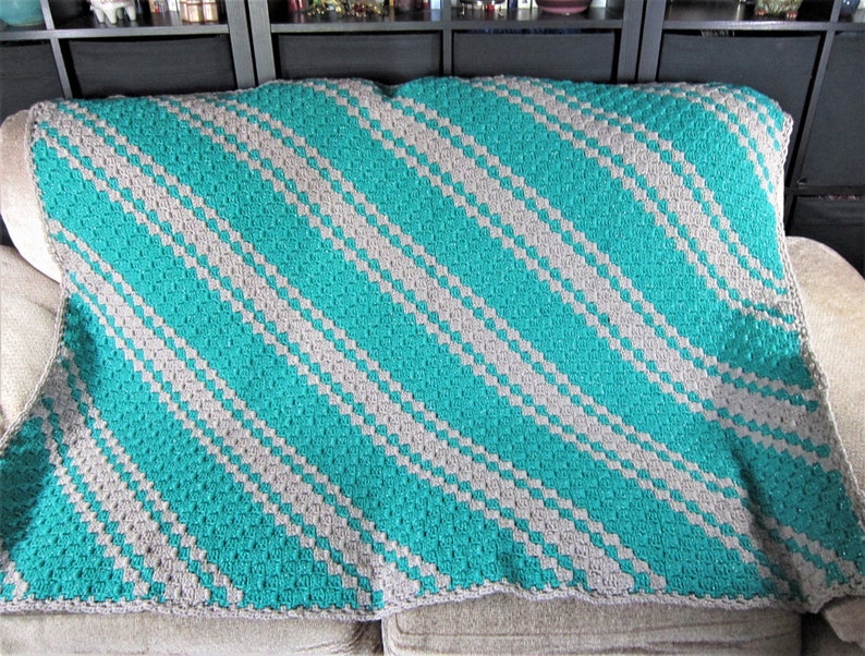 NEW TURQUOISEnGRAY GLITTER Diagonal Crocheted Sofa Afghan; Dark-Deep Turquoise Green Sofa Throw; Gift for Dad; Gift for Grandpa; Lap Throw