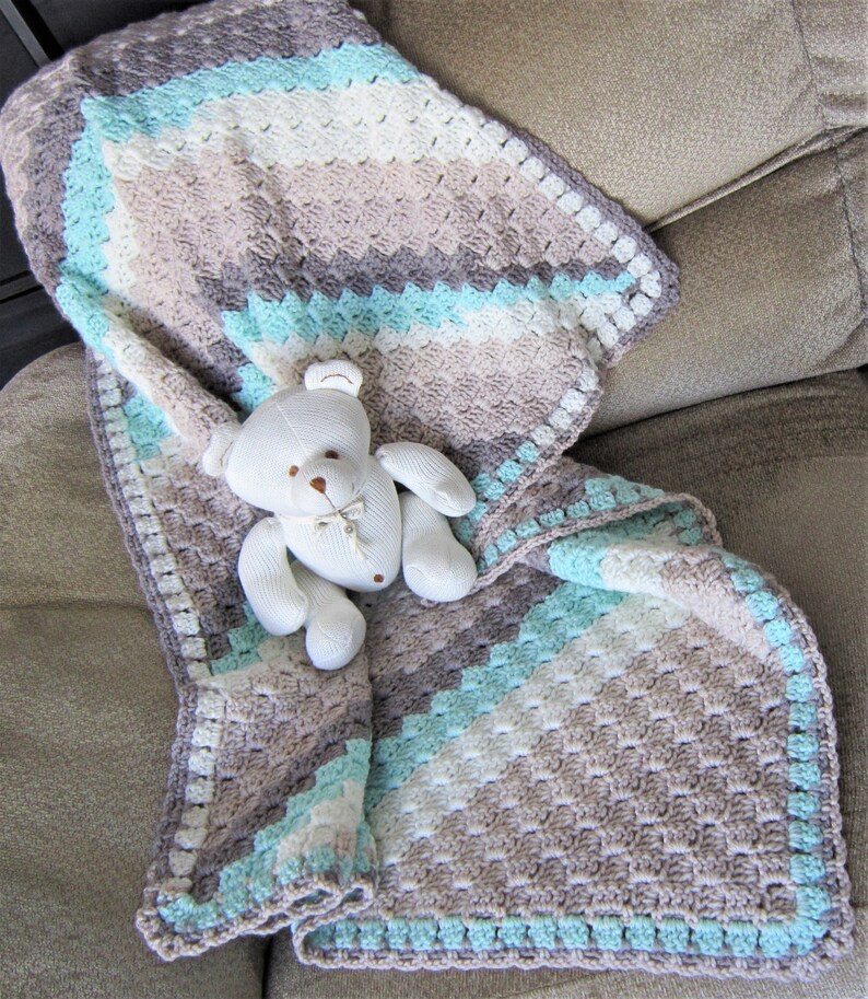 CARON BABY Cakes Crochet Blanket Taupe Tan Aqua and White Etsy