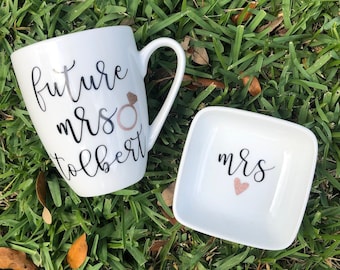 Bride gift box set- future mrs box set- personalized bride mug gift set- future mrs mug ring dish set- bride box- bride engagement gift idea