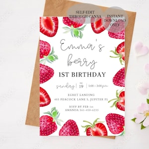 Berry First Birthday Invitation, Modern Strawberry Invitation, Strawberry Birthday Evite, Text Invitation, Digital Download, Strawberry