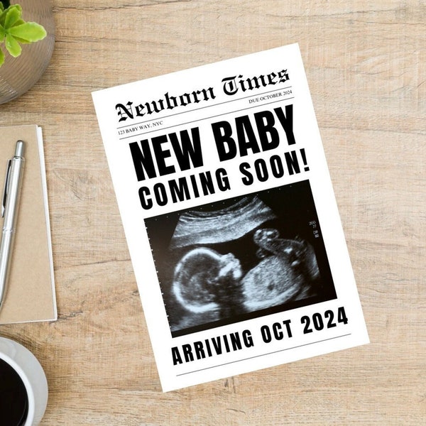 New Baby Announcement Newspaper, Baby On the Way Pregnancy Reveal Custom Newspaper Template for Baby Shower, Large newspaper baby, Canva