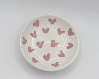 ceramic: Tiny heart ring dish, girlfriends, bachelorette, anniversary, thank you, made with rustic natural clay, hand painted
