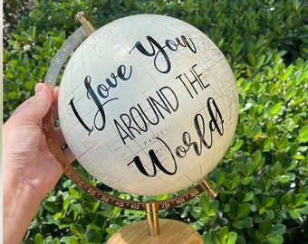 FREE SHIPPING, 8" Wedding Guestbook Globe, Custom globe, calligraphy globe, hand lettered globe,adventure awaits globe,white and gold, globe