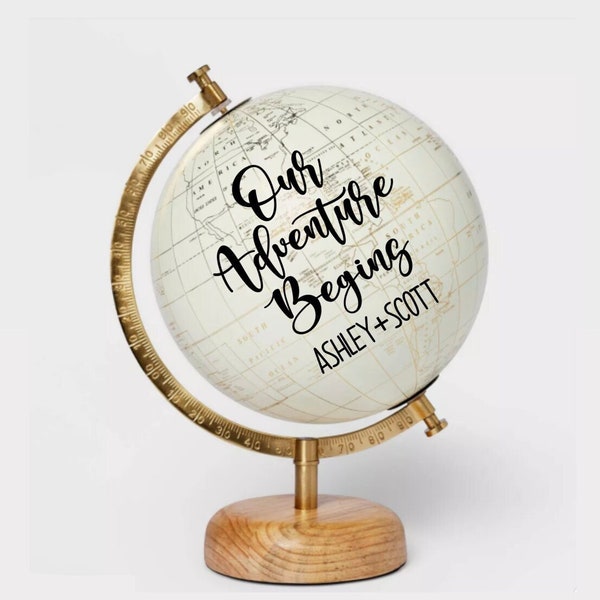 8" Globe Guest Book Alternative for Wedding, Signing Globe, Our Adventure Begins, Custom Calligraphy Gold World Globe, Office Decor, White