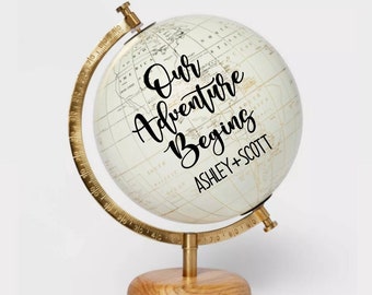 8" Globe Guest Book Alternative for Wedding, Signing Globe, Our Adventure Begins, Custom Calligraphy Gold World Globe, Office Decor, White